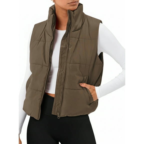SUNBS Puffer Vest for Women Sleeveless Quilted Cropped Jacket Lightweight Stand-up Collar Winter Clothing with Pockets
