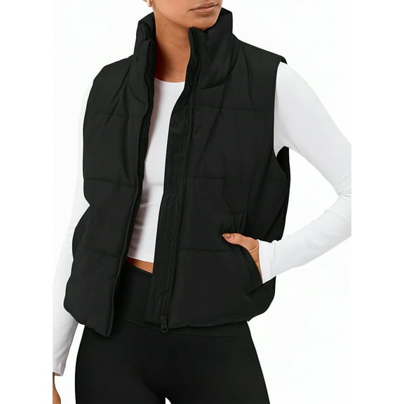 SUNBS Puffer Vest for Women Sleeveless Quilted Cropped Jacket Lightweight Stand-up Collar Winter Clothing with Pockets