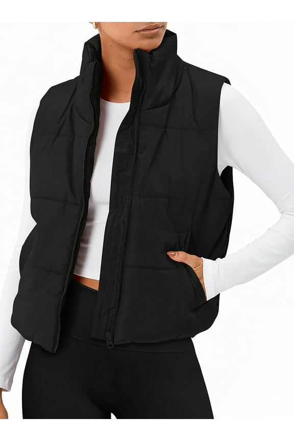 Puffer Vest for Women Sleeveless Quilted Cropped Jacket Lightweight Stand-up Collar Winter Clothing with Pockets