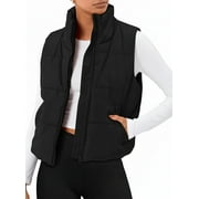 SUNBS Puffer Vest Women Sleeveless Winter Cropped Outerwear Warm Puffer Lightweight Stand-up Collar Down with Pockets
