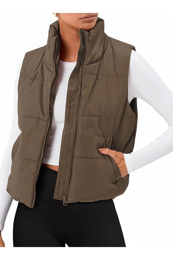 Puffer Vest for Women Sleeveless Quilted Cropped Jacket Lightweight Stand-up Collar Winter Clothing with Pockets