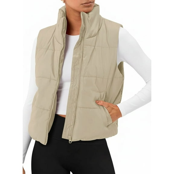 SUNBS Puffer Vest for Women Sleeveless Quilted Cropped Jacket Lightweight Stand-up Collar Winter Clothing with Pockets