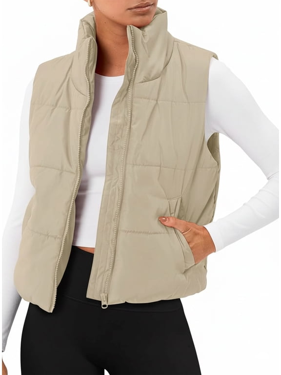 Puffer Vest for Women Sleeveless Quilted Cropped Jacket Lightweight Stand-up Collar Winter Clothing with Pockets