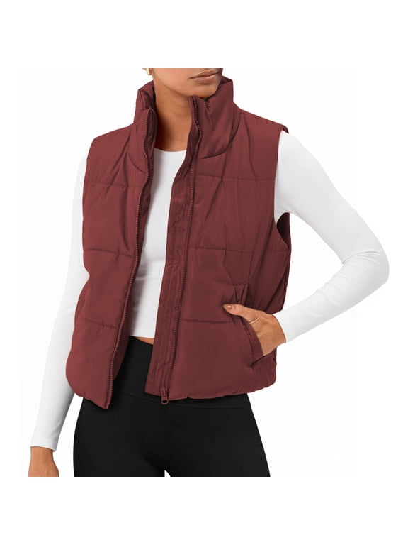 Puffer Vest for Women Sleeveless Quilted Cropped Jacket Lightweight Stand-up Collar Winter Clothing with Pockets