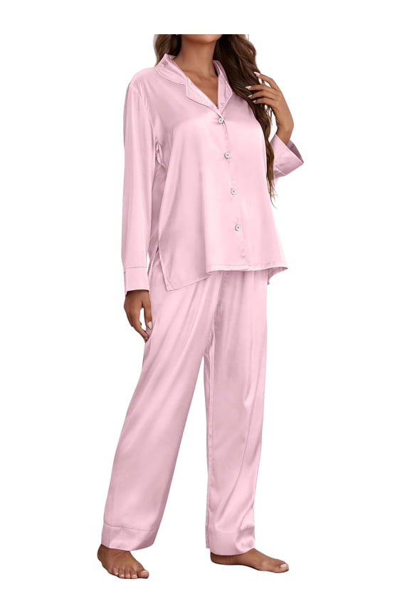 Pajamas For Women Set Silky Satin Two Piece Outfits For Women Long Sleeve Nightwear Loungewear