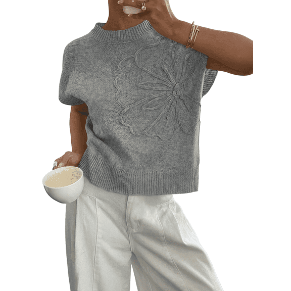 SUNBS Short Sleeve Sweater Blouses for Women Crew Neck Shirts Loose 3D Floral Tops Knit Vest Trendy Fashion Clothing