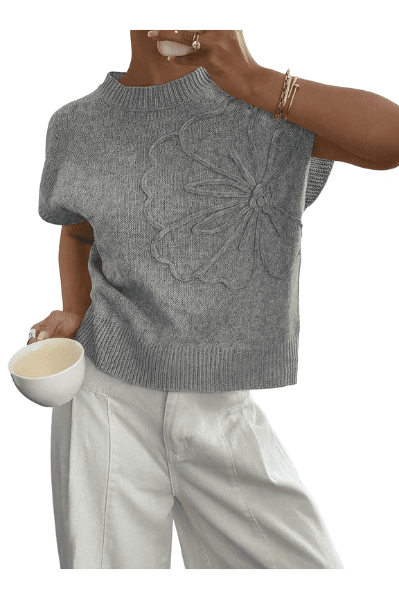 Short Sleeve Sweater Blouses for Women Crew Neck Shirts Loose 3D Floral Tops Knit Vest Trendy Fashion Clothing