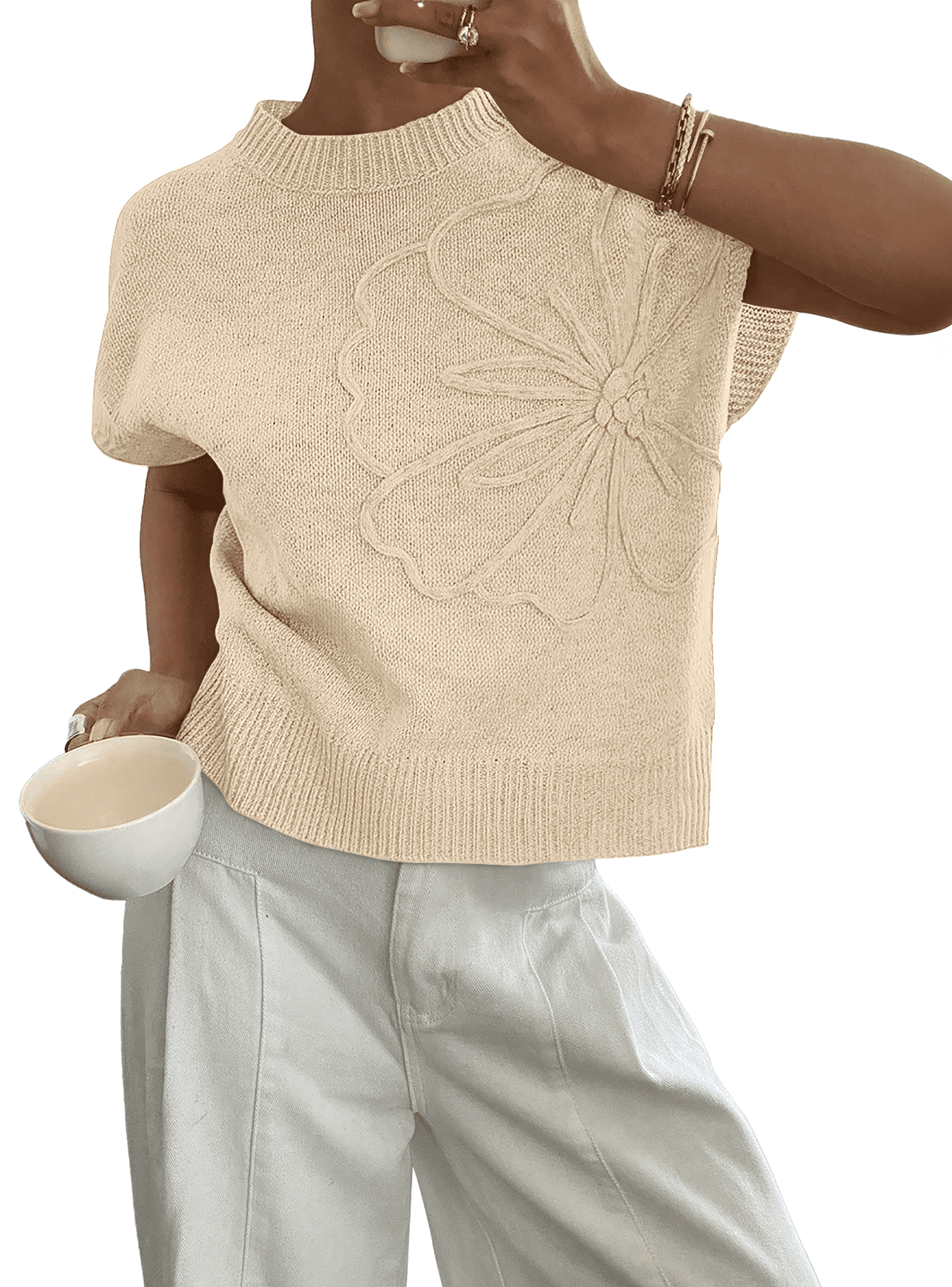 Short Sleeve Sweater Blouses for Women Crew Neck Shirts Loose 3D Floral Tops Knit Vest Trendy Fashion Clothing