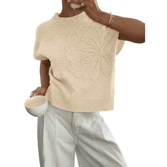 SUNBS Short Sleeve Sweater Blouses for Women Crew Neck Shirts Loose 3D Floral Tops Knit Vest Trendy Fashion Clothing