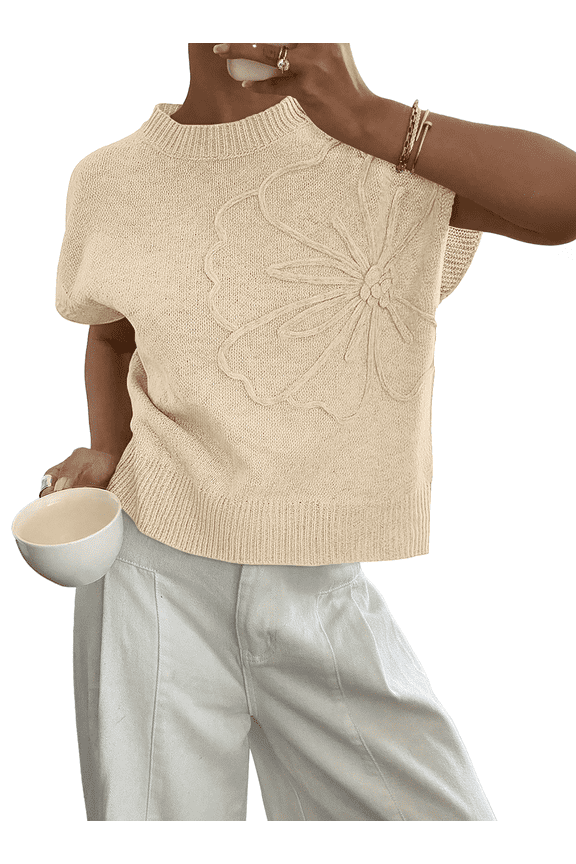 Short Sleeve Sweater Blouses for Women Crew Neck Shirts Loose 3D Floral Tops Knit Vest Trendy Fashion Clothing
