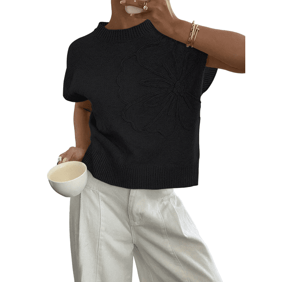 SUNBS Short Sleeve Sweater Blouses for Women Crew Neck Shirts Loose 3D Floral Tops Knit Vest Trendy Fashion Clothing