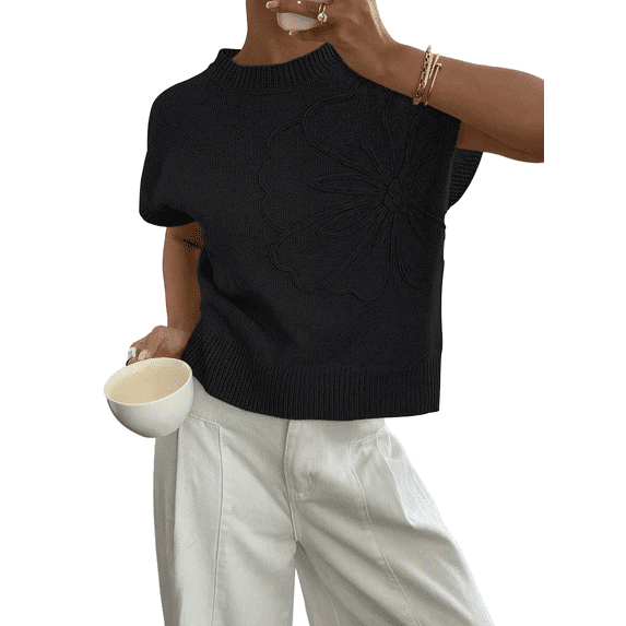 SUNBS Short Sleeve Sweater Blouses for Women Crew Neck Shirts Loose 3D Floral Tops Knit Vest Trendy Fashion Clothing