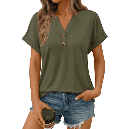 SUNBS Shirts for Women Short Sleeve Blouses V Neck Henley Dressy Casual Pullover Summer Tops Spring Fashion Trendy Cute Cloths