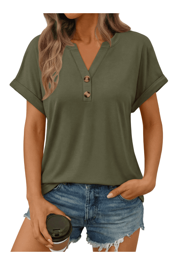 Shirts for Women Short Sleeve Blouses V Neck Henley Dressy Casual Pullover Summer Tops Spring Fashion Trendy Cute Cloths