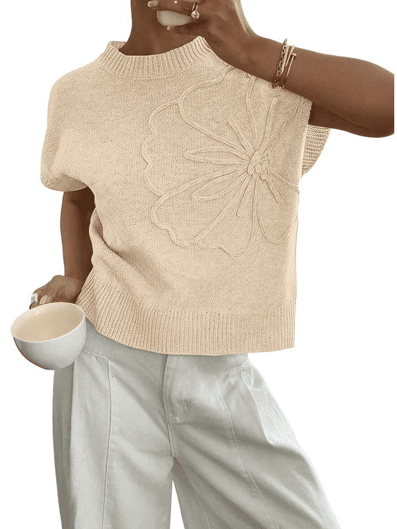 Short Sleeve Sweater Blouses for Women Crew Neck Shirts Loose 3D Floral Tops Fall Knit Vest Trendy Fashion Clothing