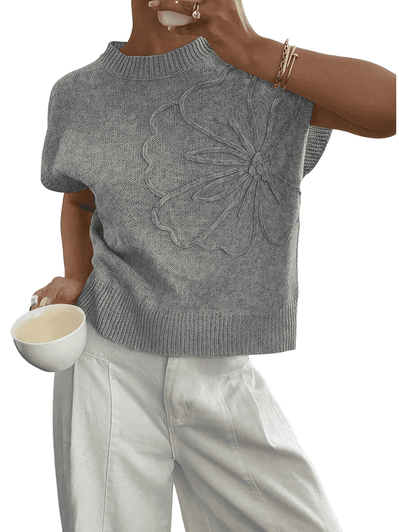 Short Sleeve Sweater Blouses for Women Crew Neck Shirts Loose 3D Floral Tops Fall Knit Vest Trendy Fashion Clothing