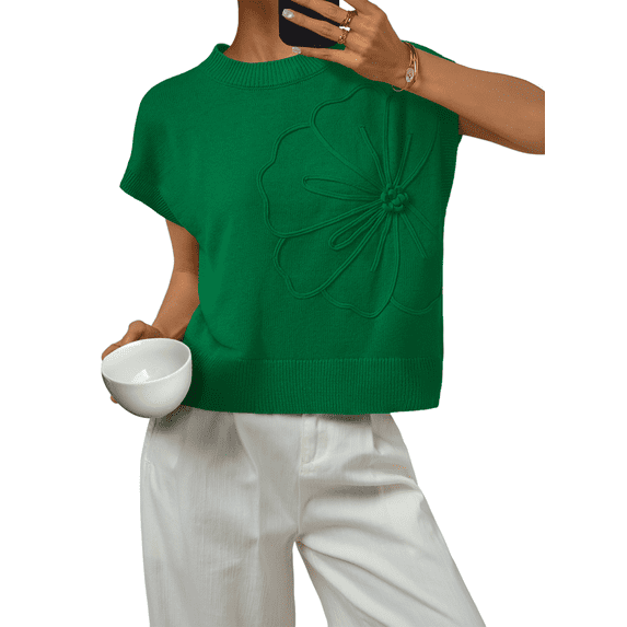 SUNBS Short Sleeve Sweater Blouses for Women Crew Neck Shirts Loose 3D Floral Tops Knit Vest Trendy Fashion Clothing