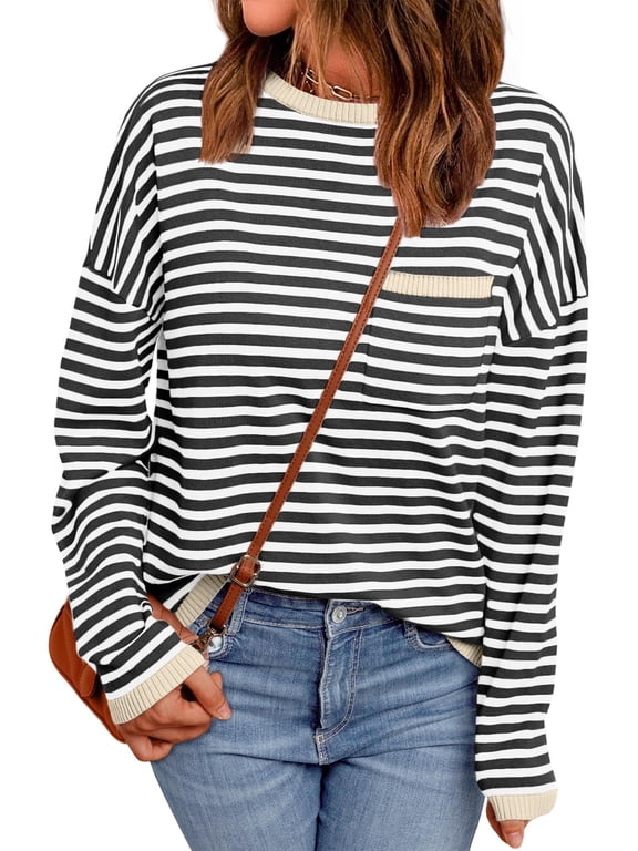 Sweaters for Women Striped Knit Pullover Top Crew Neck Long Sleeve Casual Shirt with Chest Pocket