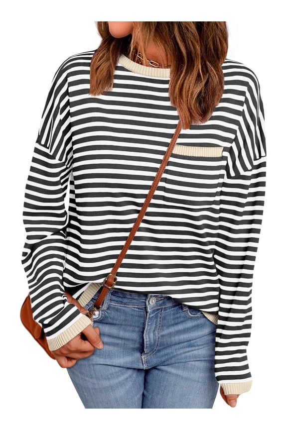 Sweaters for Women Striped Knit Pullover Top Crew Neck Long Sleeve Casual Shirt with Chest Pocket