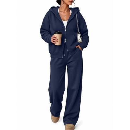 SUNBS Women's Sweatsuits 2 Piece Outfits for Women Two Way Zipper Jacket Hoodies Fall Oversized Loungewear Sets with Wide Baggy Leg Sweatpants with Pockets