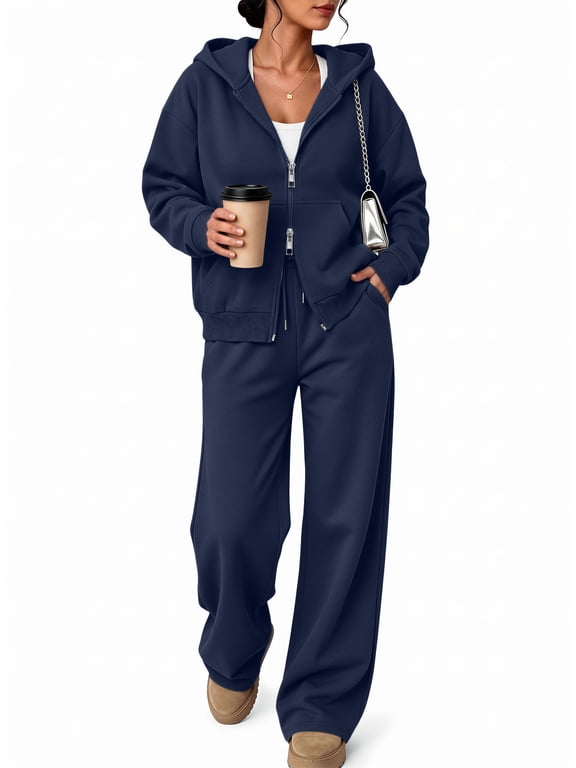 Women's Sweatsuits 2 Piece Outfits for Women Two Way Zipper Jacket Hoodies Fall Oversized Loungewear Sets with Wide Baggy Leg Sweatpants with Pockets