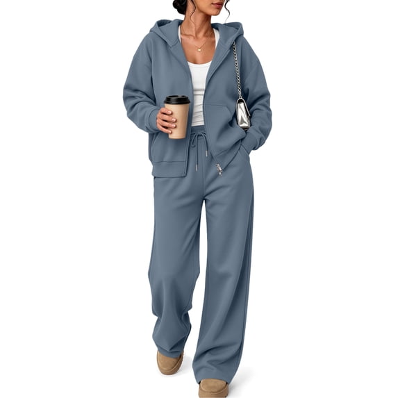SUNBS Women's Sweatsuits 2 Piece Outfits for Women Two Way Zipper Jacket Hoodies Fall Oversized Loungewear Sets with Wide Baggy Leg Sweatpants with Pockets