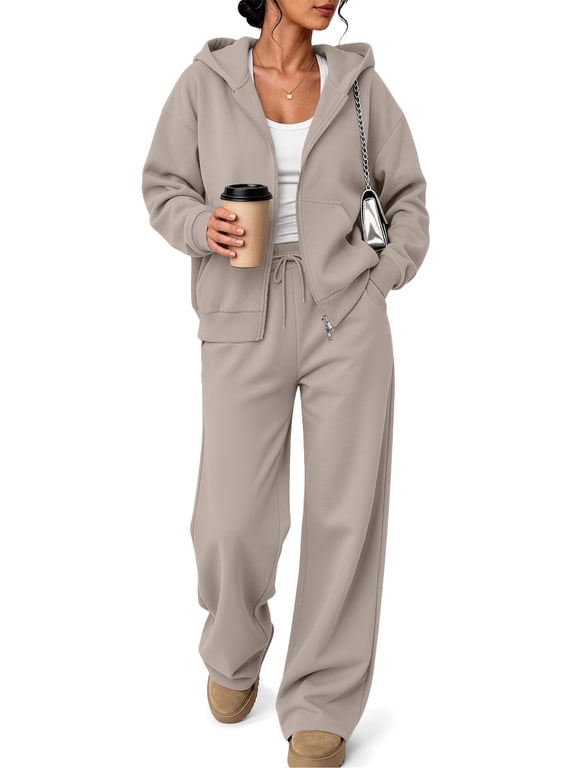 Women's Sweatsuits 2 Piece Outfits for Women Two Way Zipper Jacket Hoodies Fall Oversized Loungewear Sets with Wide Baggy Leg Sweatpants with Pockets