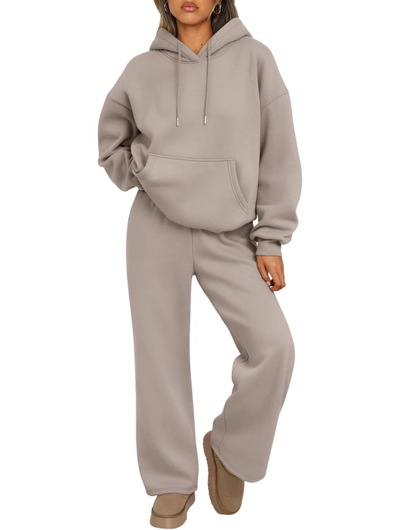 2 Piece Outfits Women's Sweatsuits Fleece Hoodies Lounge Sets Fall Oversized Drawstring Wide Leg Pants Sweatpants Tracksuit with Pockets Clothes