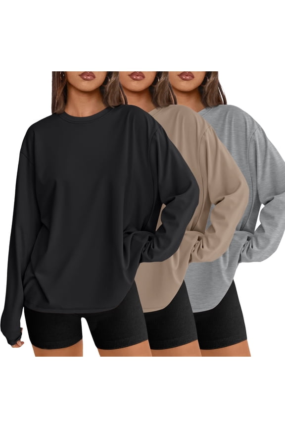 3 Pack Shirts for Women Oversized Long Sleeve Blouses Basic Crewneck Loose Fit Casual Workout Fall Basic Tops