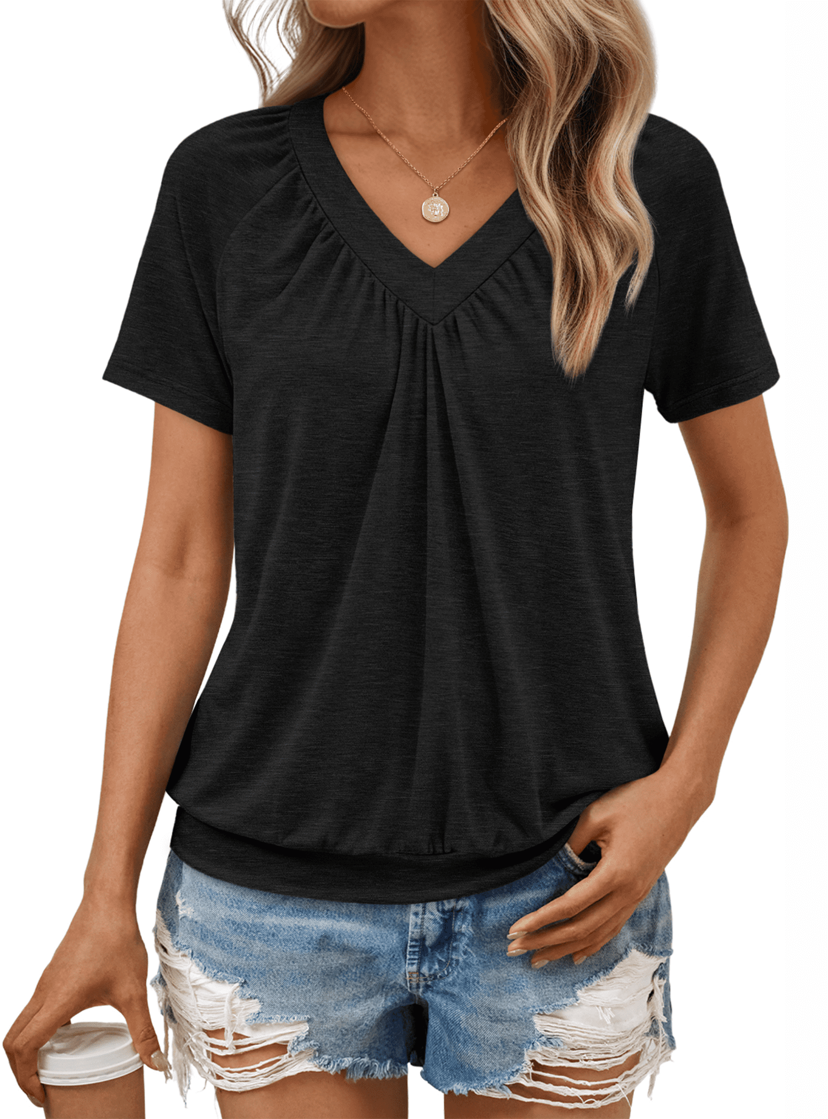 Shirts for Women Short Sleeve V Neck Blouses Casual Loose Fit Pleated Tops Trendy Cute Fashion Clothes