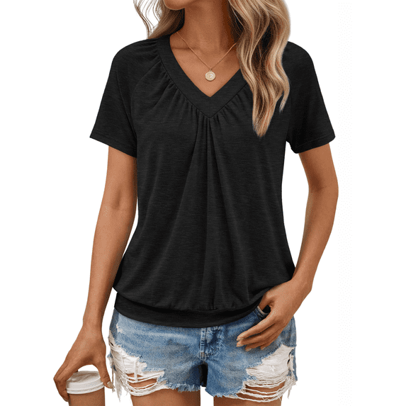 SUNBS Shirts for Women Short Sleeve V Neck Blouses Casual Loose Fit Pleated Tops Trendy Cute Fashion Clothes