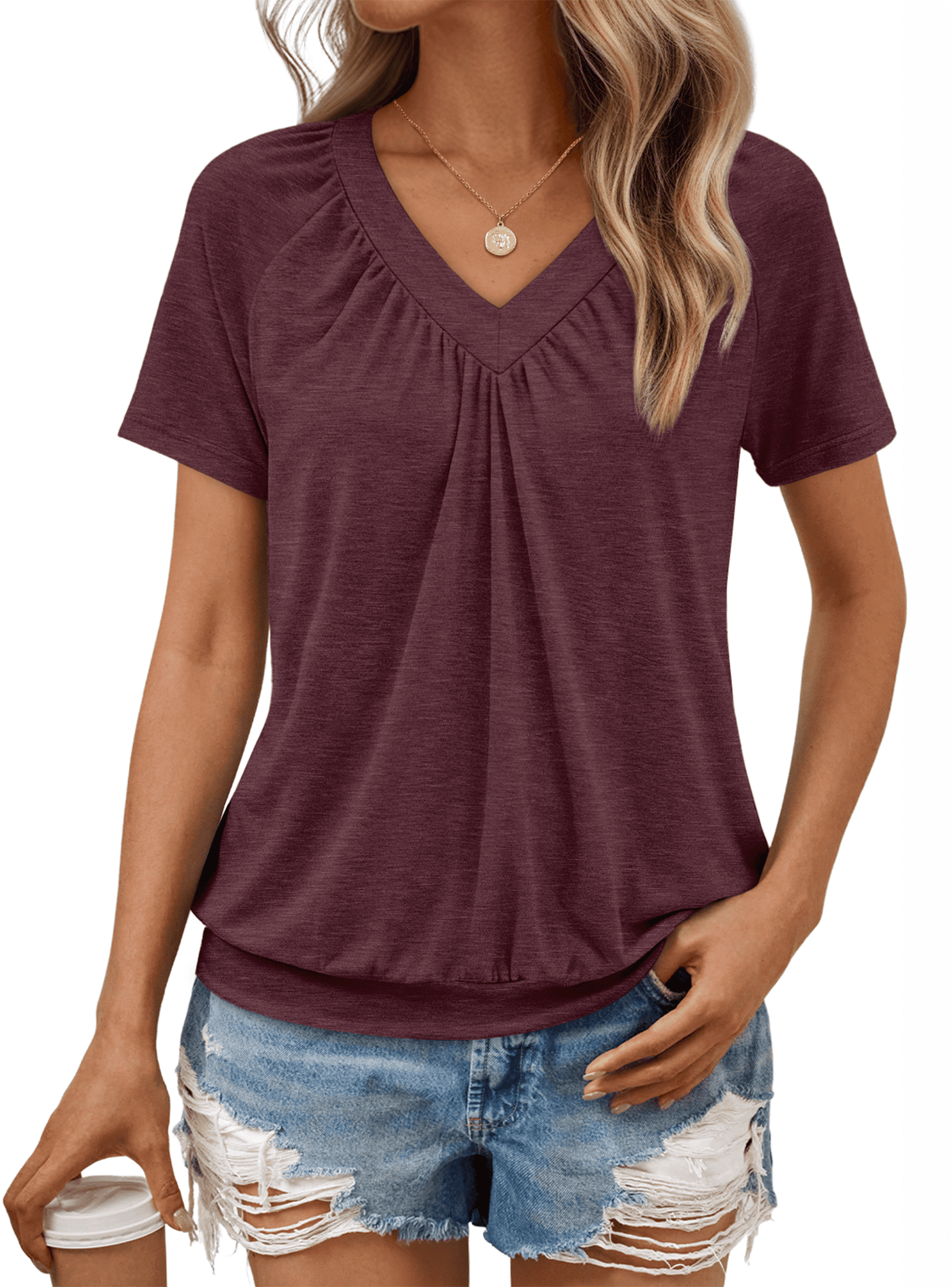 SUNBS Shirts for Women Short Sleeve V Neck Blouses Casual Loose Fit ...