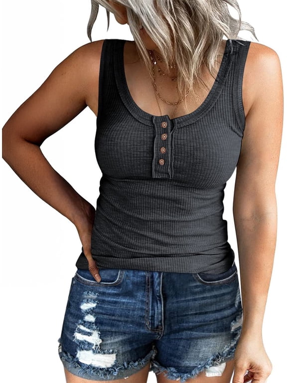 Tank Tops for Women Summer Casual Camisole Tops Ribbed Sleeveless Henley Shirts Basic Clothing