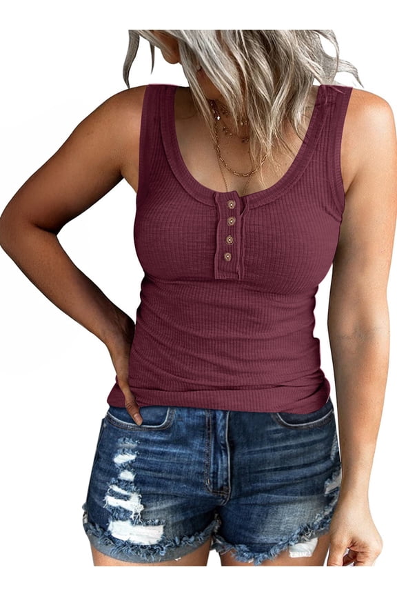 Tank Tops for Women Summer Casual Camisole Tops Ribbed Sleeveless Henley Shirts Basic Clothing