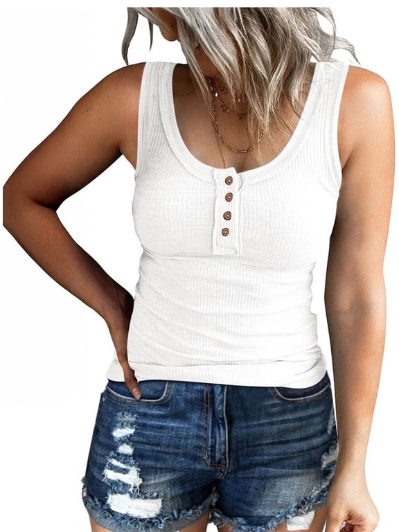 Tank Tops for Women Summer Casual Camisole Tops Ribbed Sleeveless Henley Shirts Basic Clothing