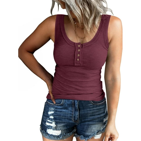 SUNBS Tank Tops for Women Summer Casual Camisole Tops Ribbed Sleeveless Henley Shirts Basic Clothing