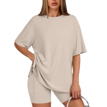 SUNBS Two Piece Lounge Set for Women Outfit Sets Casual Oversized Shirts Biker Shorts Matching Sets