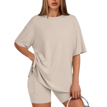 SUNBS Two Piece Lounge Set for Women Outfit Sets Casual Oversized Shirts Biker Shorts Matching Sets