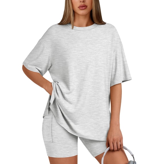 SUNBS Two Piece Lounge Set for Women Outfit Sets Casual Oversized Shirts Biker Shorts Matching Sets