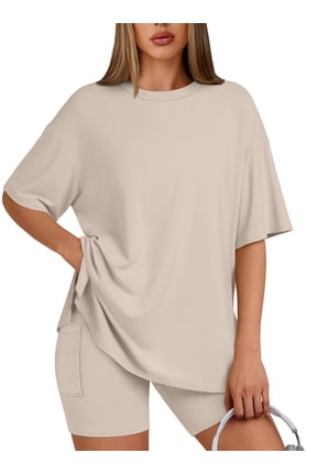 Two Piece Lounge Set for Women Outfit Sets Casual Oversized Shirts Biker Shorts Matching Sets