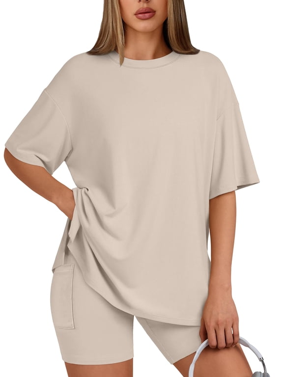 Two Piece Lounge Set for Women Outfit Sets Casual Oversized Shirts Biker Shorts Matching Sets