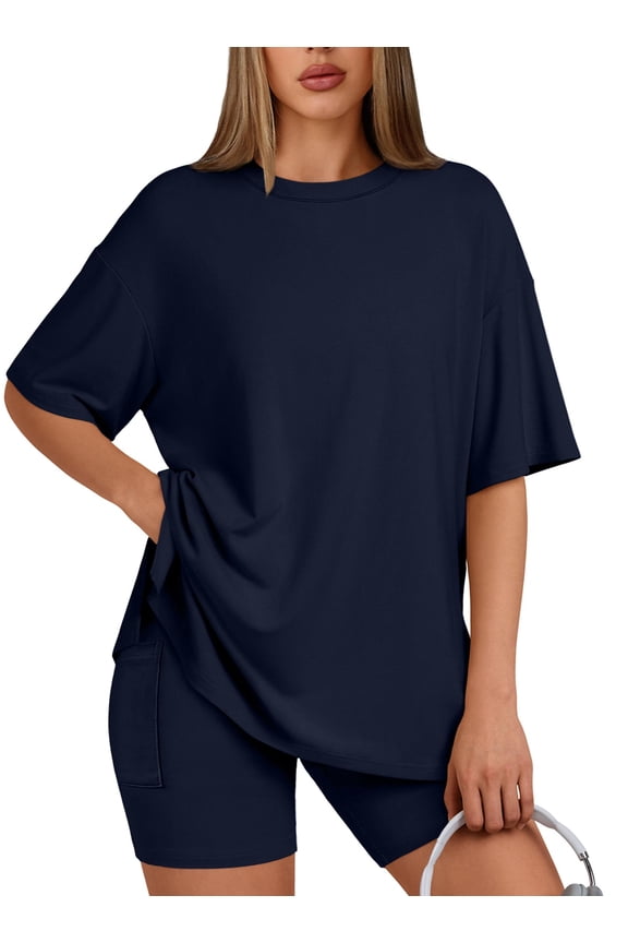 Two Piece Lounge Set for Women Outfit Sets Casual Oversized Shirts Biker Shorts Matching Sets