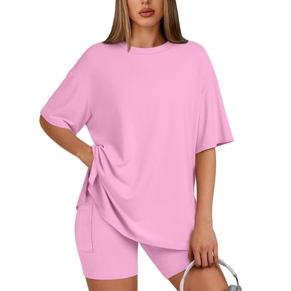 SUNBS Two Piece Lounge Set for Women Outfit Sets Casual Oversized Shirts Biker Shorts Matching Sets