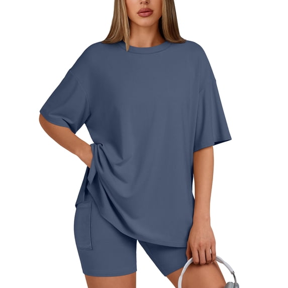 SUNBS Two Piece Lounge Set for Women Outfit Sets Casual Oversized Shirts Biker Shorts Matching Sets