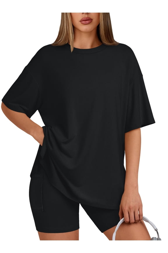 Two Piece Lounge Set for Women Outfit Sets Casual Oversized Shirts Biker Shorts Matching Sets