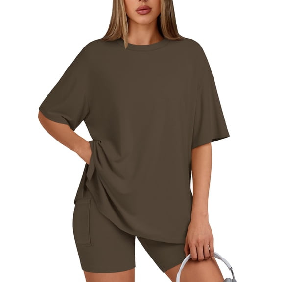 SUNBS Two Piece Lounge Set for Women Outfit Sets Casual Oversized Shirts Biker Shorts Matching Sets