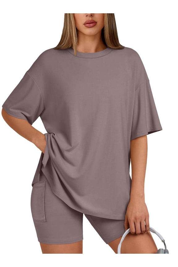 Two Piece Lounge Set for Women Outfit Sets Casual Oversized Shirts Biker Shorts Matching Sets