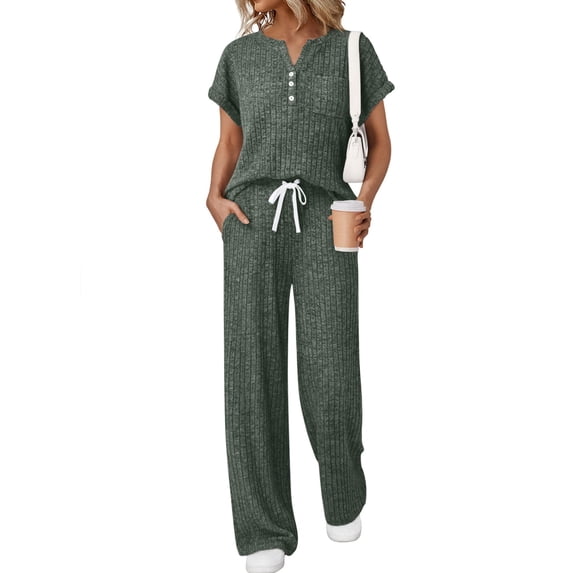 SUNBS Lounge Set for Women Two Piece Outfit Sets Henley Shirt Wide Leg Pants Casual Sweat Suit