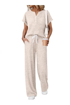 Lounge Set for Women Two Piece Outfit Sets Henley Shirt Wide Leg Pants Casual Sweat Suit
