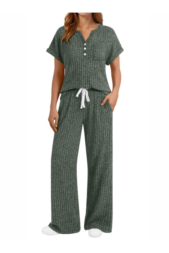 Two Piece Lounge Set for Women Outfit Sets Henley Shirt Wide Leg Pants Casual Sweat Suit